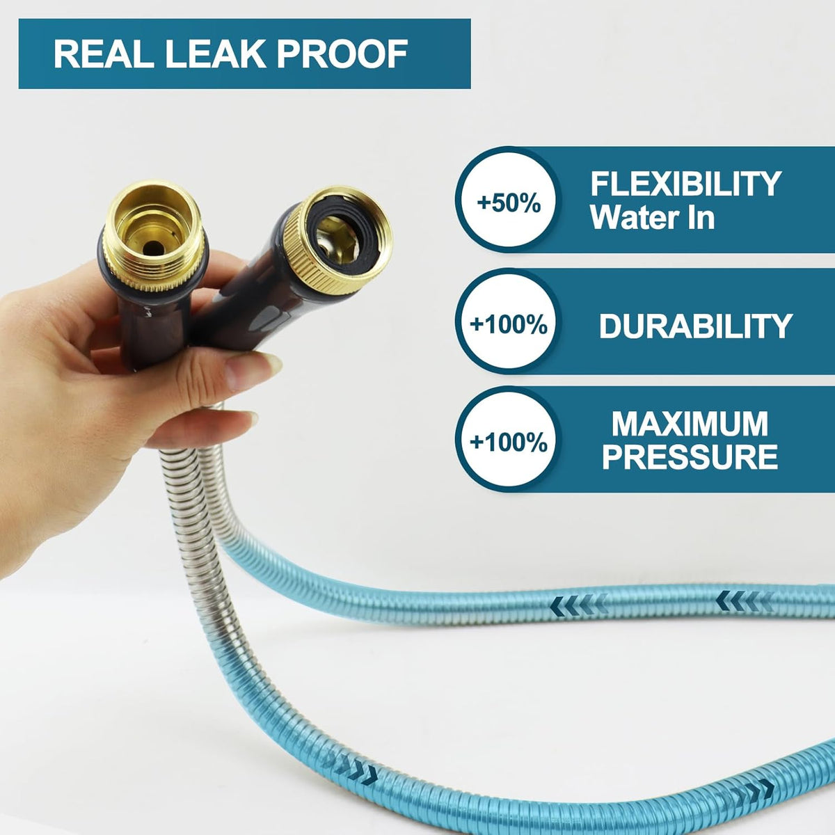Stainless Steel Garden Hose with 10-Pattern Nozzle – 50 ft