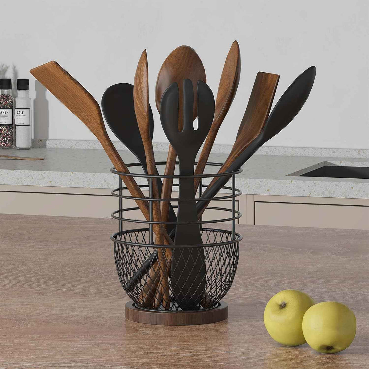360° Rotating Utensil Holder, Iron with Wooden Base