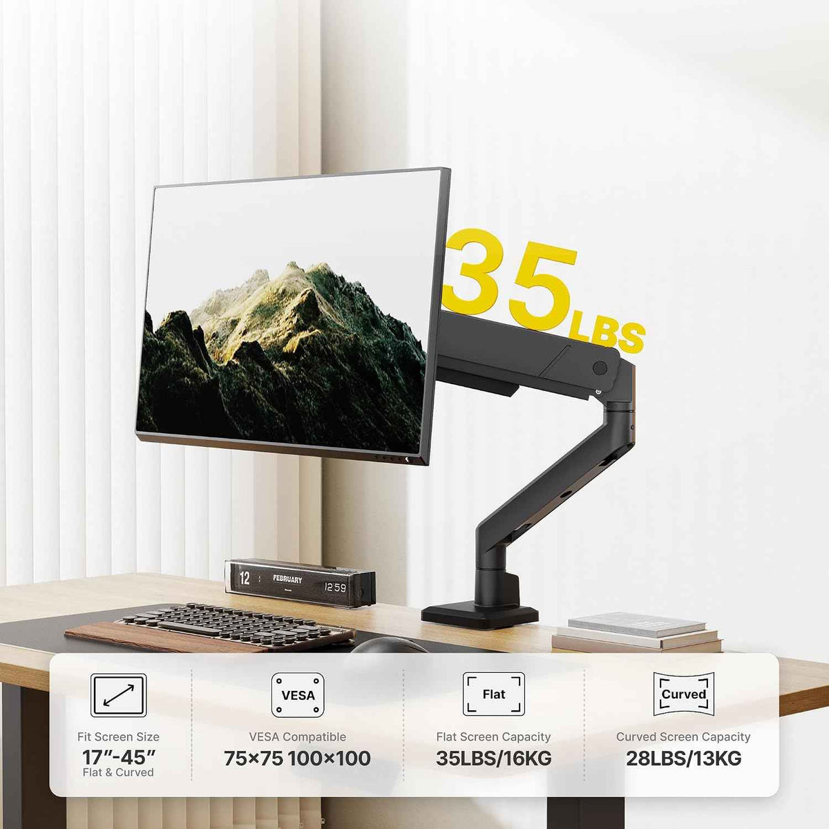 monTEK Single Monitor Arm for Max 45 Inch Ultrawide Screens, Holds 35 Lbs | Adjustable Monitor Desk Mount with C Clamp/Grommet Desk Mount, Cable Management, VESA 75/100mm, Black