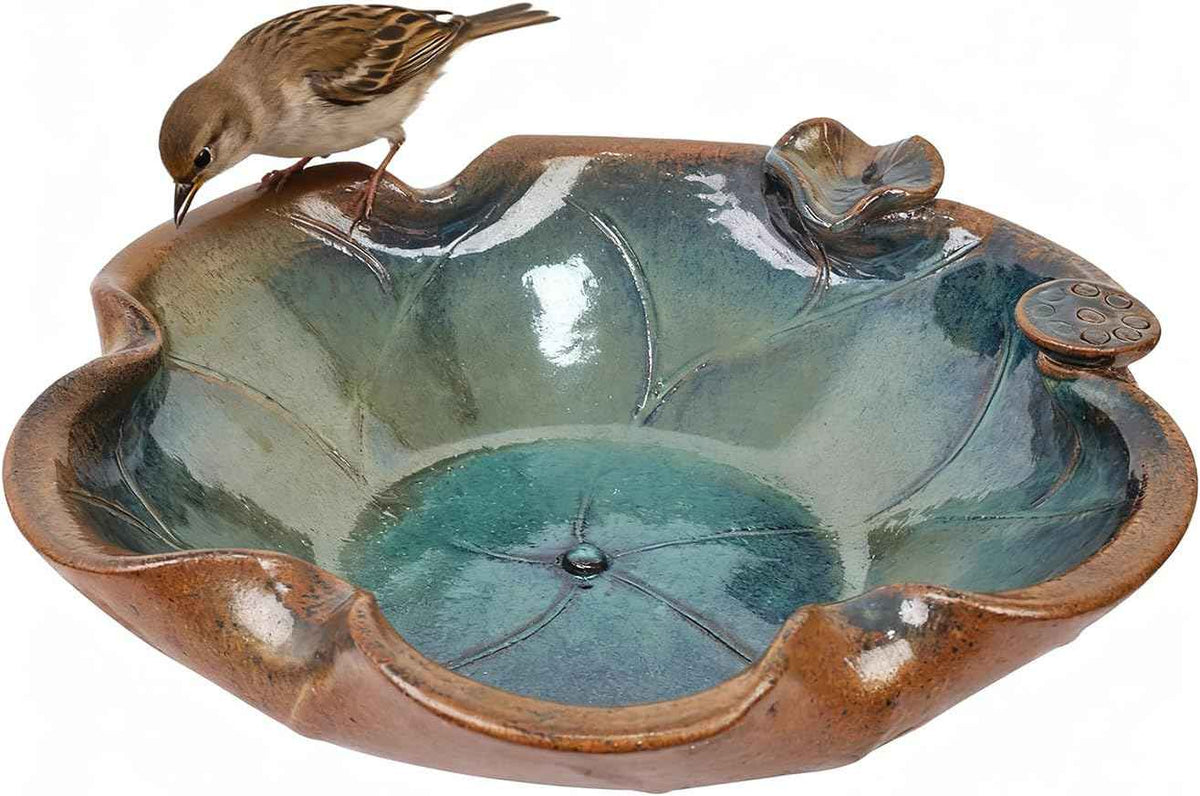 Ceramic Bird Bath and Feeder, Heavy Duty 12.5-Inch Ground Feeding Bowl, Wildlife Water Station for Squirrel Rabbit Bird Bee - Garden, Yard, Balcony Décor