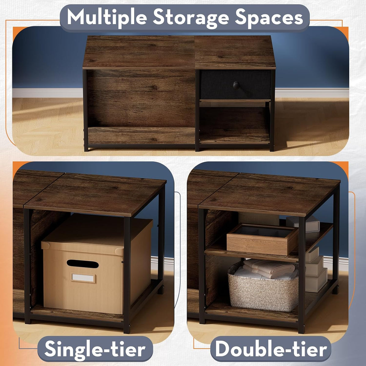 SINPAID Coffee Table with Hidden Storage, Walnut