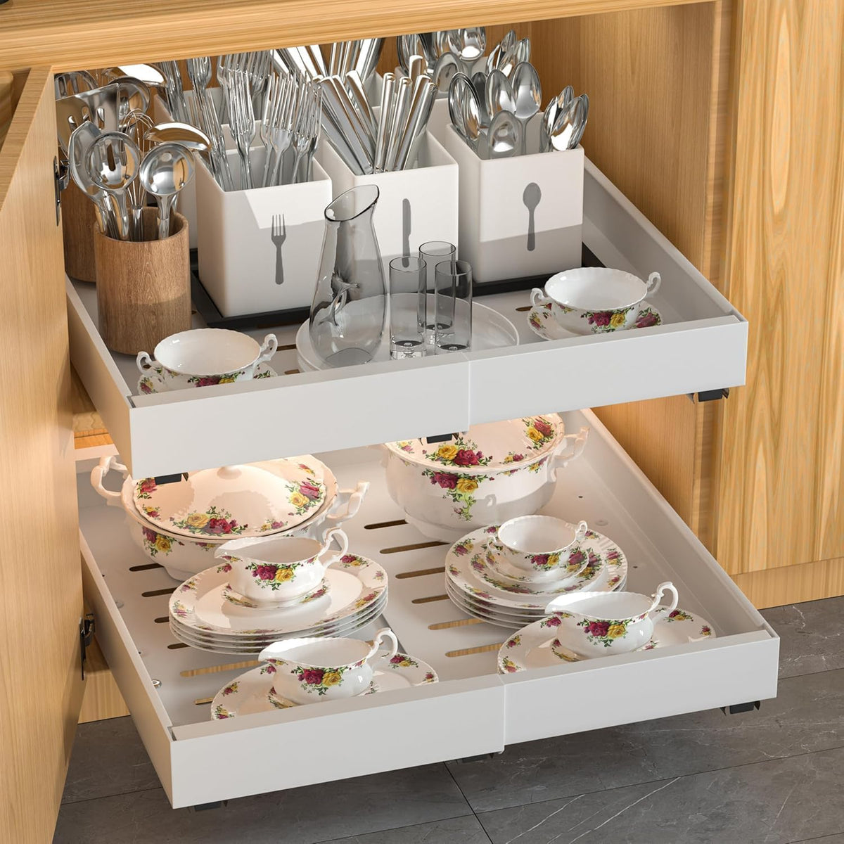 4 Pack Expandable Pull Out Cabinet Organizer | fixed by nano adhesive film,heavy duty sliding drawer,suitable for kitchen,pantry cabinet storage - Field & Nook