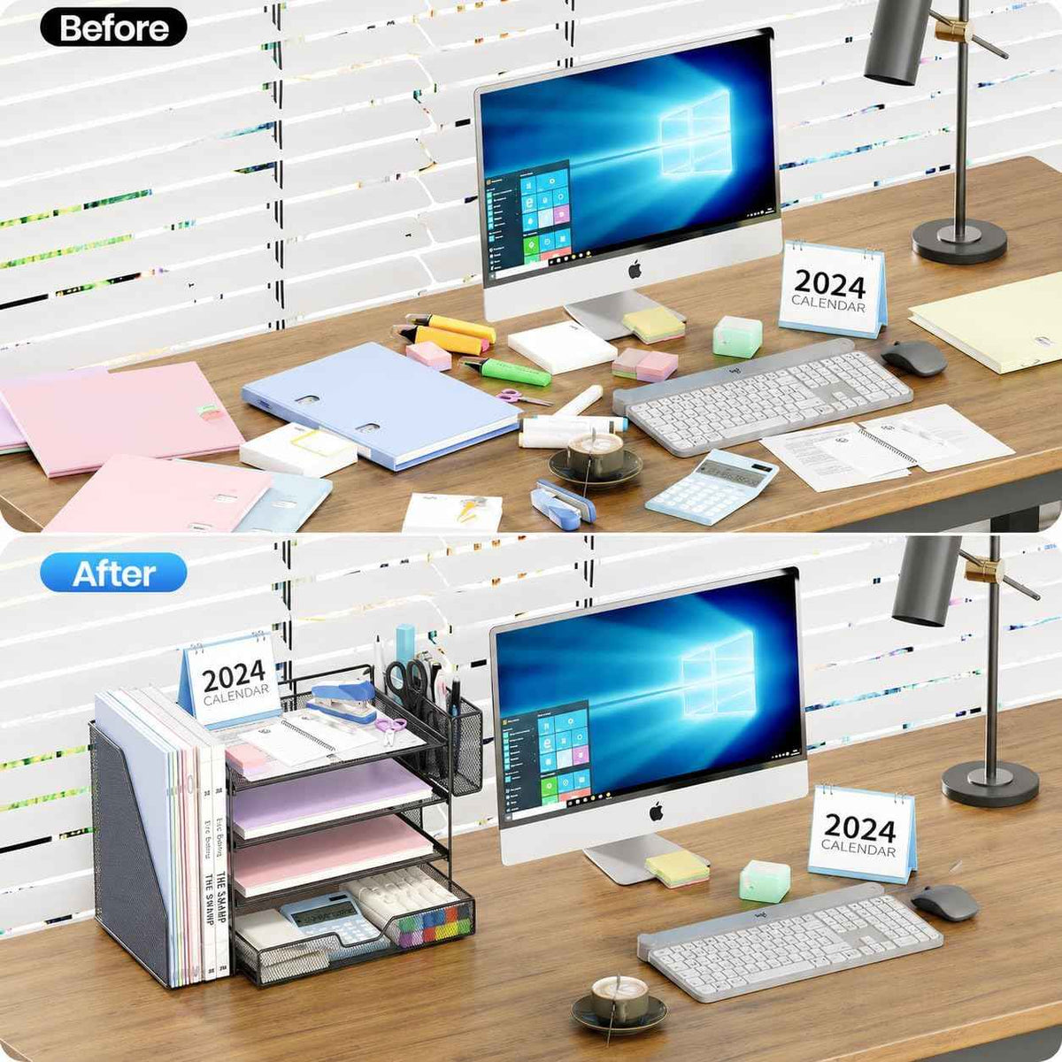 Desk Organizers and Accessories, 4-Tier Desktop File Organizer with Drawer and Pen Holders, Office Desk Accessories Workspace Organizers for Office Supplies (Black)