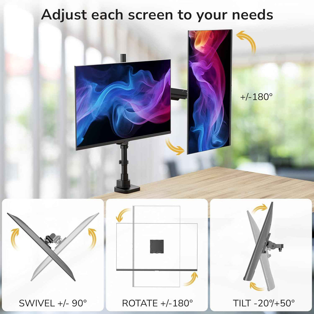 Mount-It! Dual Ultrawide Monitor Desk Mount for 17–49” Screens, Height-Adjustable Stacking Arms with Pole, Heavy Duty Gas Spring, Full Motion, VESA 75/100, Clamp or Grommet