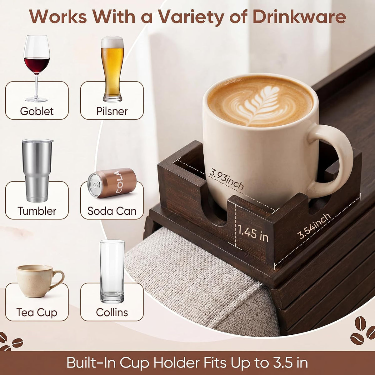 Foldable Bamboo Couch Arm Tray – Cup Holder for 4.7–16.9 Inch Armrests