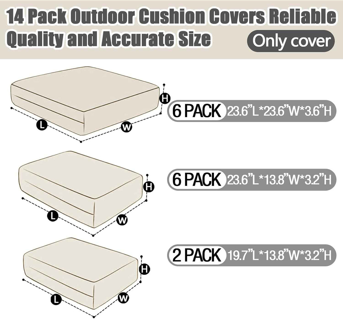 14 Piece Patio Cushion Covers Replacement Splashproof Fade Resistant Outdoor Sofa Slipcovers with Zippers for Sectional, Chair Deck Porch Furniture Protector (Light Gray,23.6x23.6x3.94 Inches)