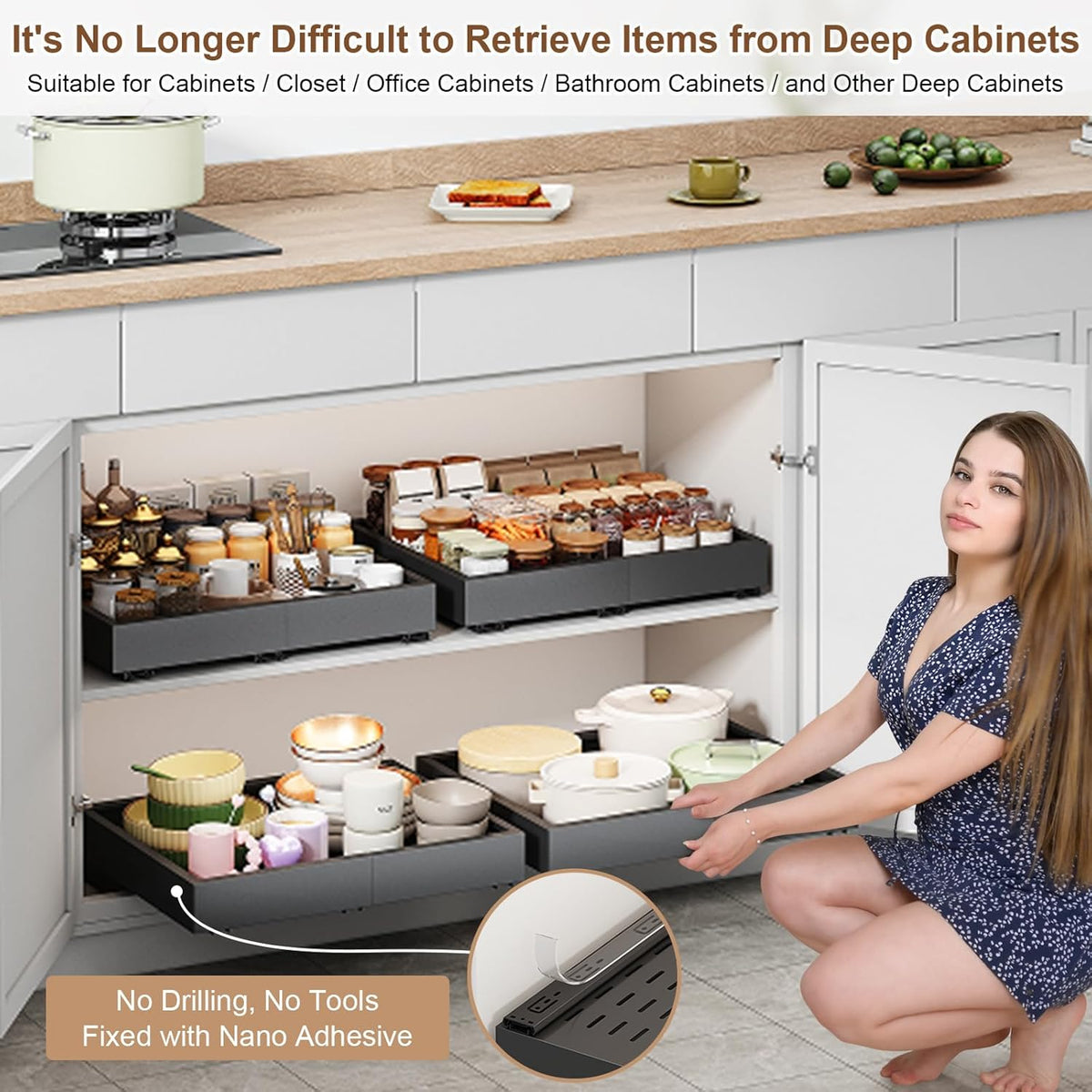 Fokyfok Pull out Cabinet Organizer,11"-16"W,17"-24"D,Expandable,Adhesive | No Drill,3 Rails,Roll out Drawers,Adjustable Slide out Shelves for Kitchen,Pantry,Framed and Framless Cabinets,Black,1PC - Field & Nook