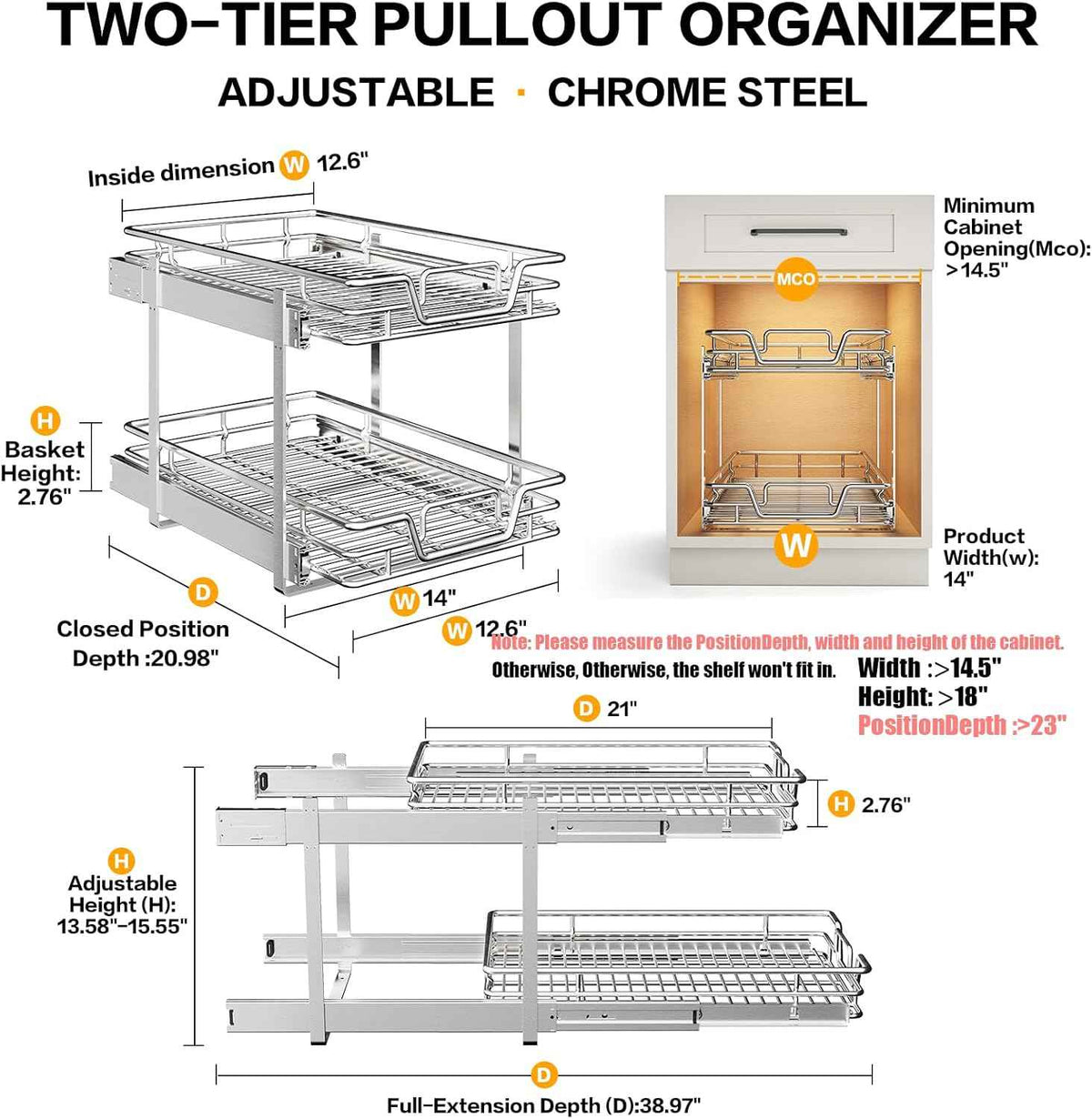 2-Tier Kitchen Cabinet Pull Out Shelf Organizer, 14" W x 21" D