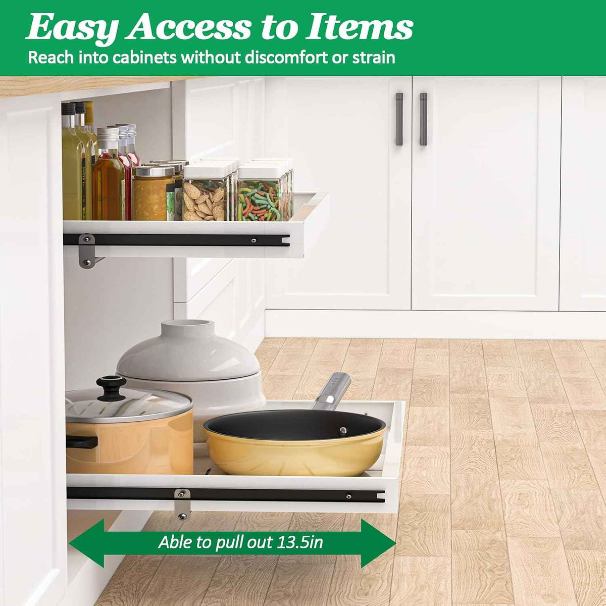 2 Tier Pull Out Cabinet Organizer, 21 inch Depth Slide Out Shelves