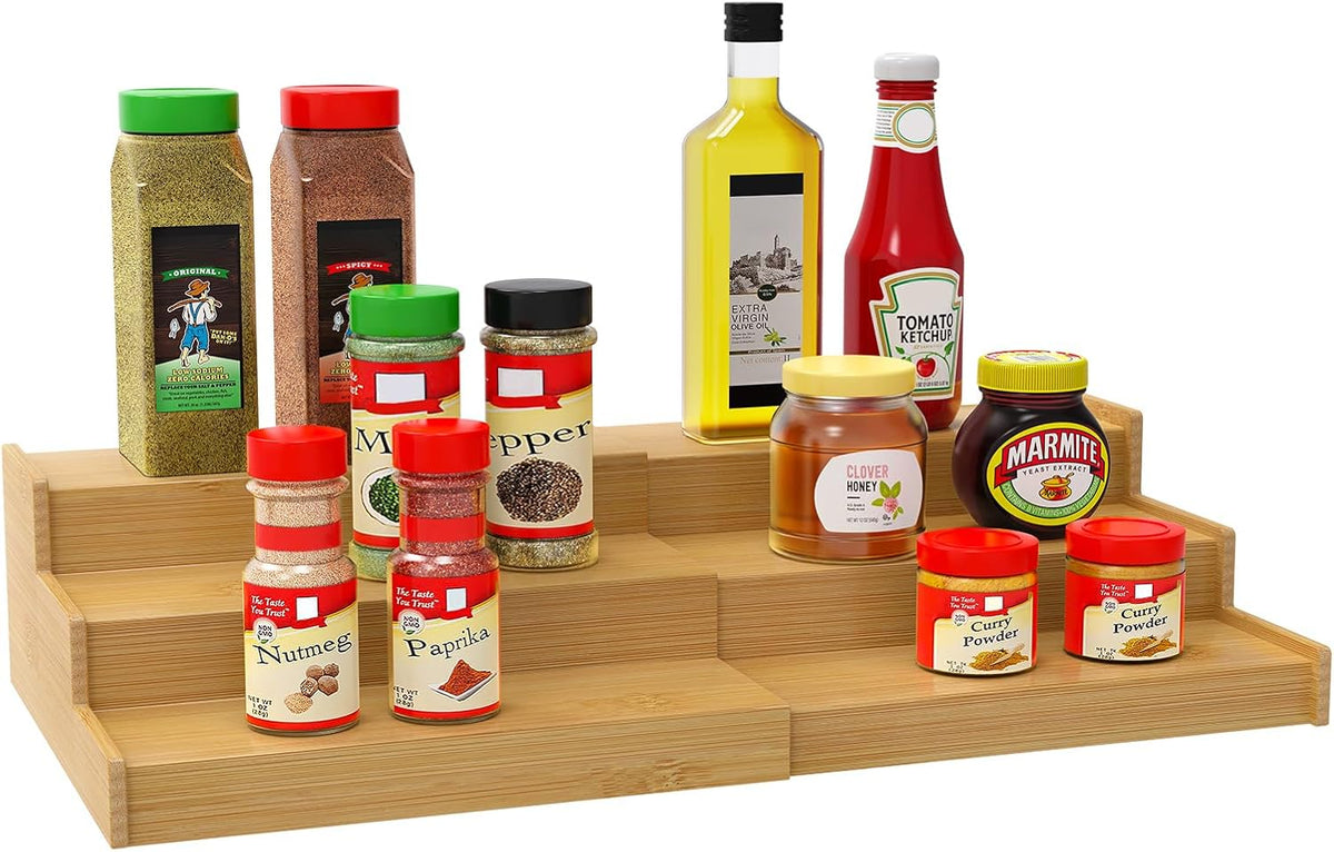 Lenwi Spice Rack Organizer for Cabinet, 3 Tier Expandable Bamboo Spice Storage for Kitchen Cupboard Pantry - Field & Nook