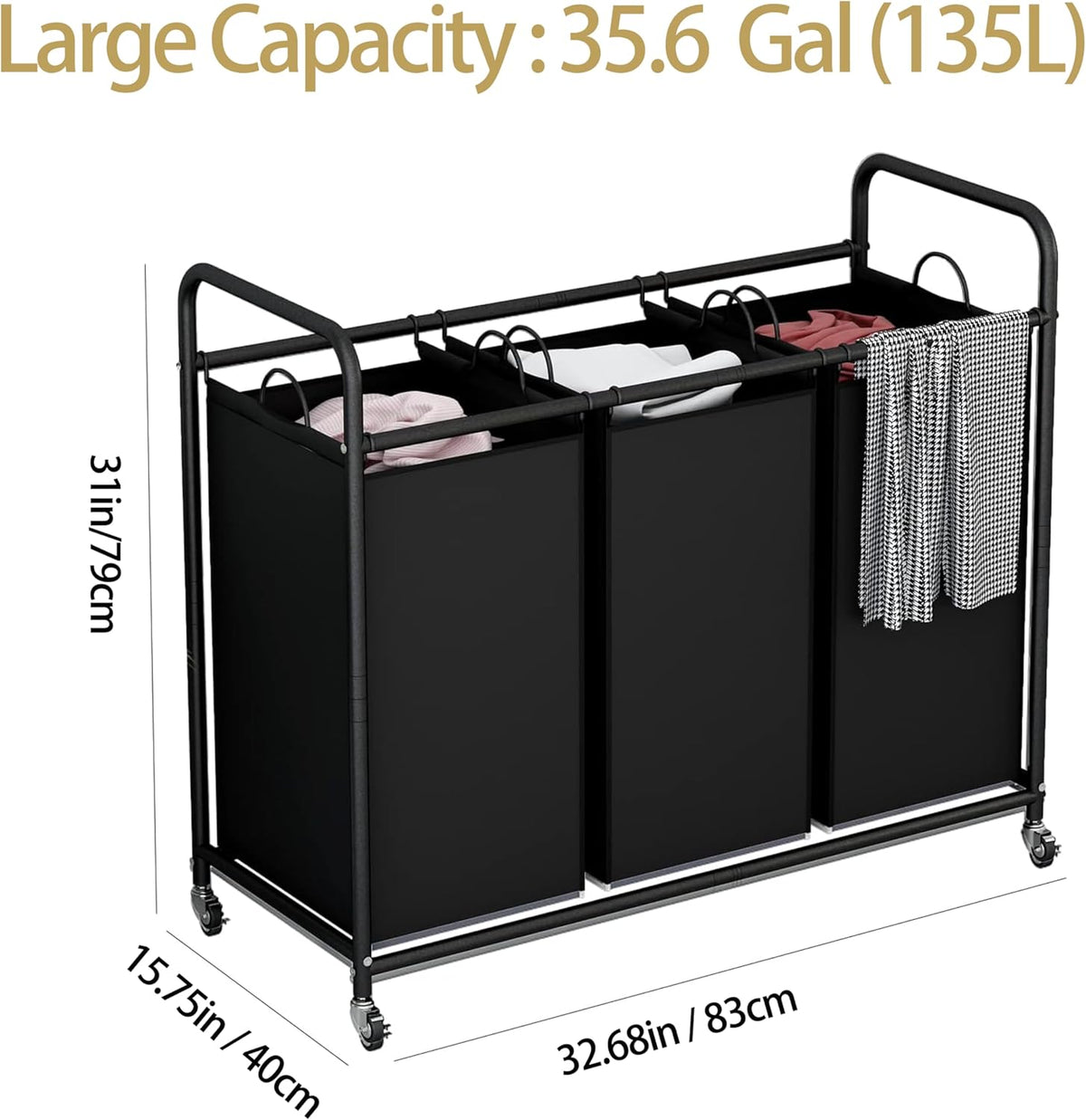 135L 3-Section Rolling Laundry Hamper – Black - Field & Nook