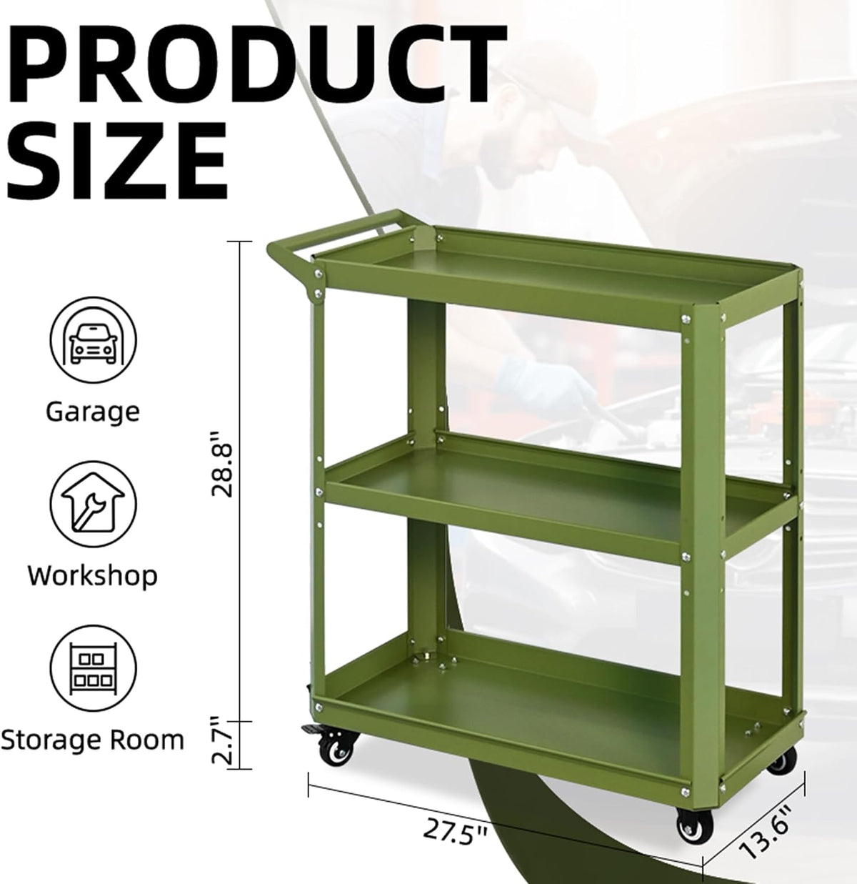 3 Tier Metal Utility Rolling Cart with Wheels, Green | Heavy Duty Storage Organizer, 330Lbs Capacity, Multi-Purpose, For Kitchen, Bathroom, Office, Bedroom - Field & Nook