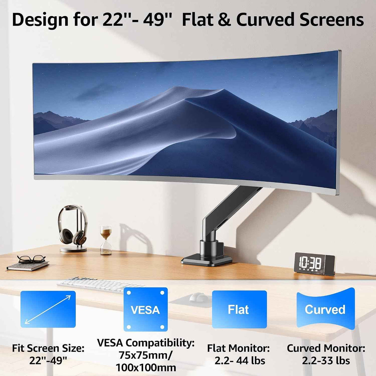MOUNTUP Heavy Duty Monitor Arm for 49 inches, 44 lbs Curved Screens, Ultrawide Single Monitor Desk Mount, Monitors Stand for Samsung Odyssey G9 and More, VESA Mount with Clamp & Grommet Base