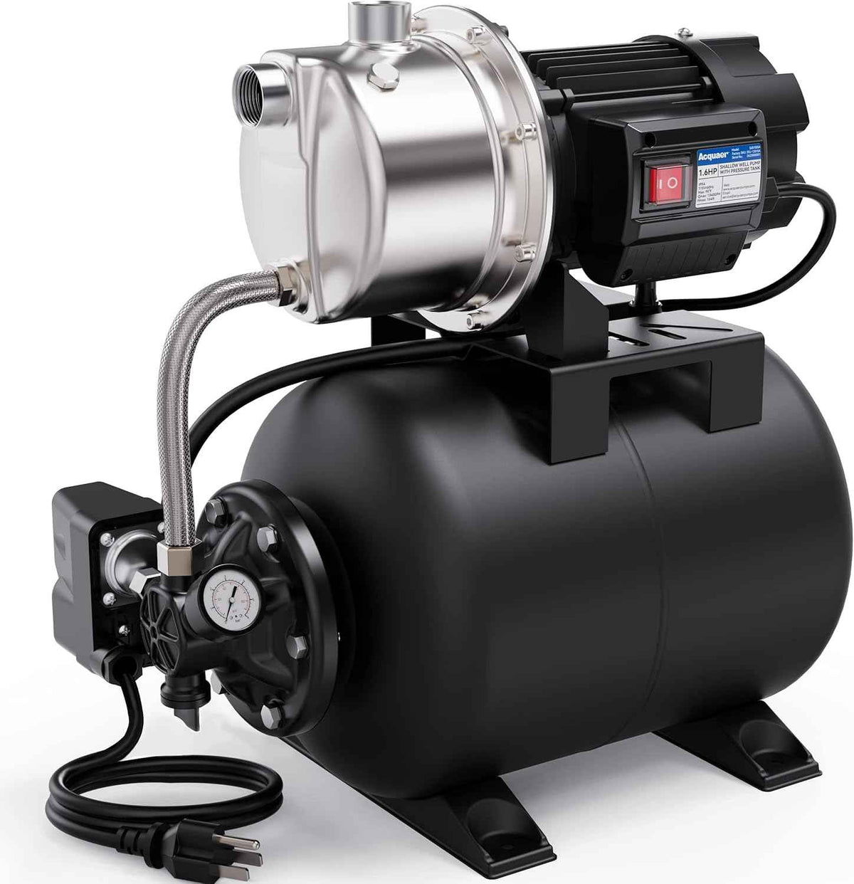 Acquaer 1.6 HP Shallow Well Pump with Pressure Tank, Stainless Steel, 1320 GPH 115V Irrigation, Automatic Water Booster Jet Pump for Home, Garden, Lawn