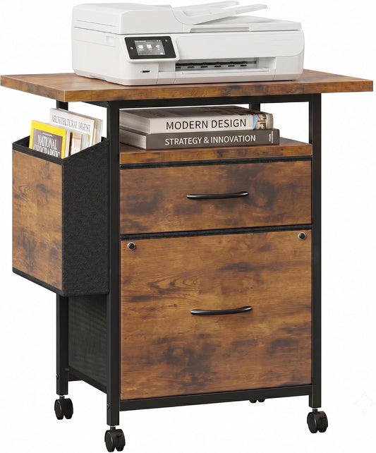 Alpen File Cabinets for Home Office, Small Printer Stand with Storage, Rolling Filing Cabinet with 2 Drawer and Side Storage Bag, Rustic Brown - Field & Nook