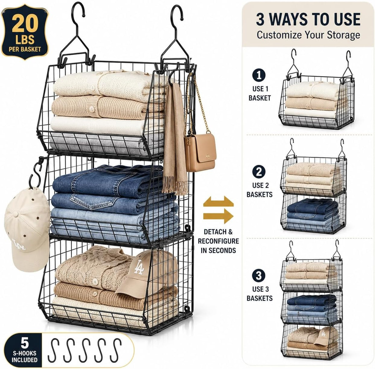 3-Tier Hanging Closet Organizer - Field & Nook