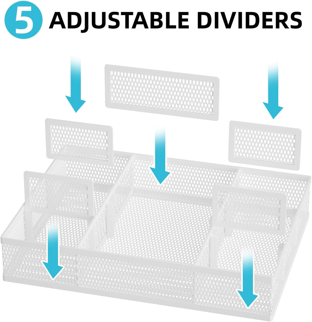 Marbrasse 2 Pack Desk Drawer Organizer, Mesh Drawer Organizer Tray with 8 Adjustable Compartments, Desk Organizers and Accessories, 5 Dividers for Office Supplies, Makeup & Vanity (White) - Field & Nook