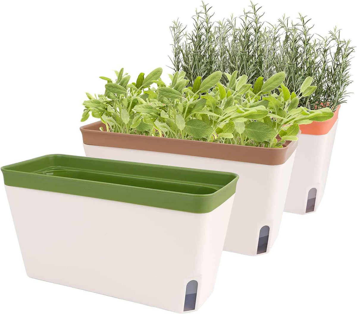 OurWarm Windowsill Herb Planter Box Indoor Set of 3, 10.5 Inch Self Watering Planter Pots with Visual Water Level Window, Modern Plastic Plant Pots for Herbs, Vegetables, Succulents Plants