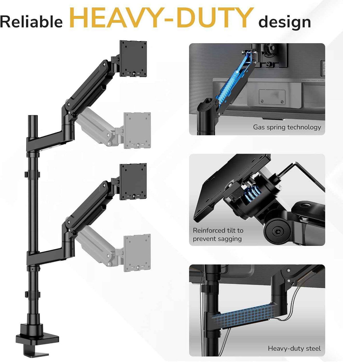 Mount-It! Dual Ultrawide Monitor Desk Mount for 17–49” Screens, Height-Adjustable Stacking Arms with Pole, Heavy Duty Gas Spring, Full Motion, VESA 75/100, Clamp or Grommet