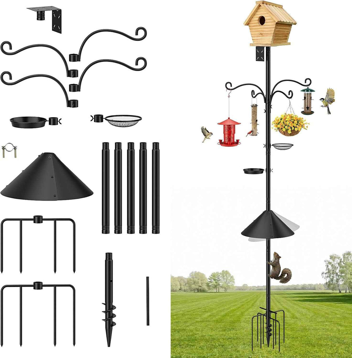 MoKo Bird Feeder Pole, 92 in Bird House Pole Squirrel Baffle 9 Prong Base | Bird Feeding Station Heavy Duty, Includes Water Bowl and Mesh Tray for Feeding, for Gardens No Bird House, Black