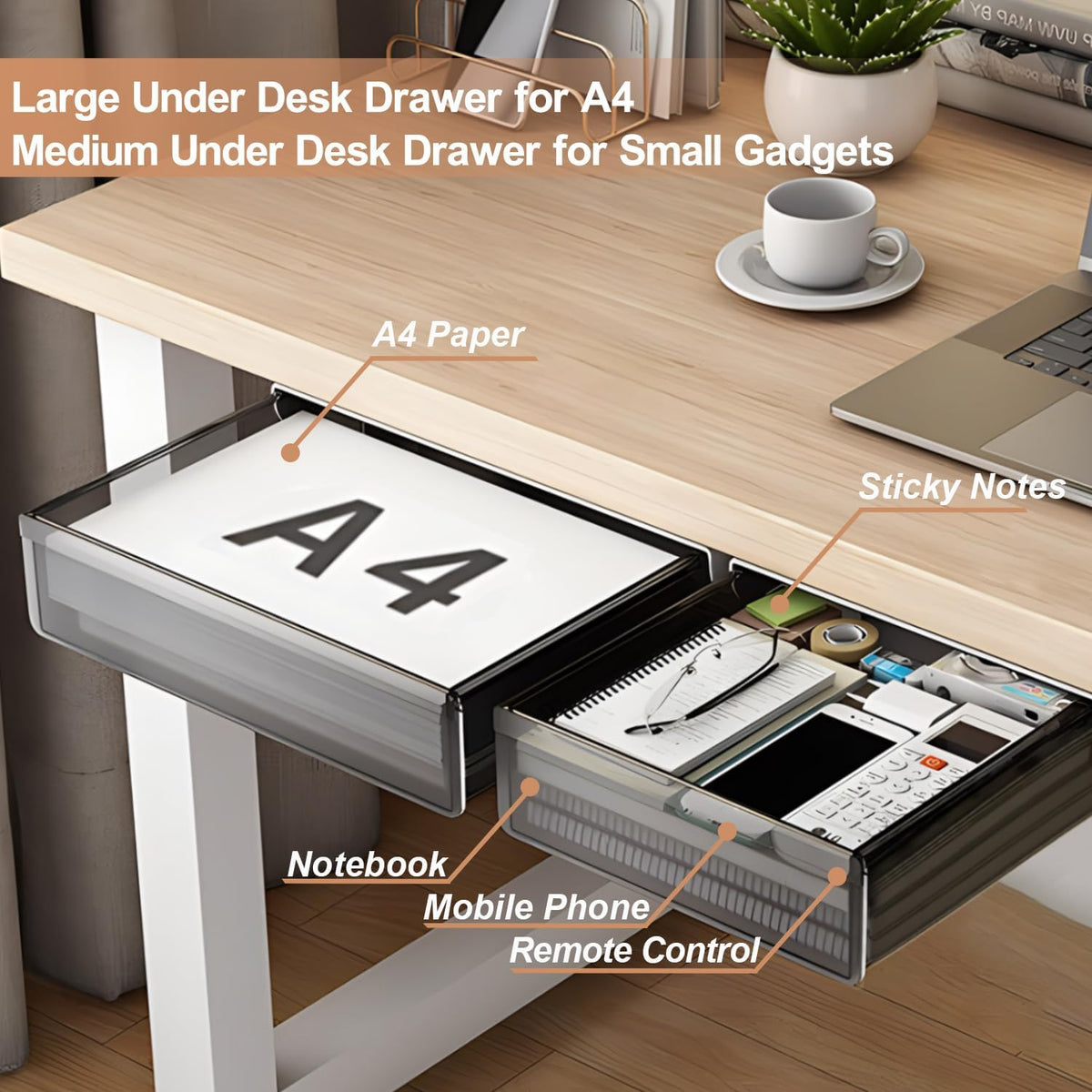 SVNNELP Under Desk Table Drawer Storage Organizer,2 Pack Large & Medium Slide Out Desk Drawers - Hidden Desktop Organizer,Attachable Pencil Storage Tray Under Table(ML) - Field & Nook