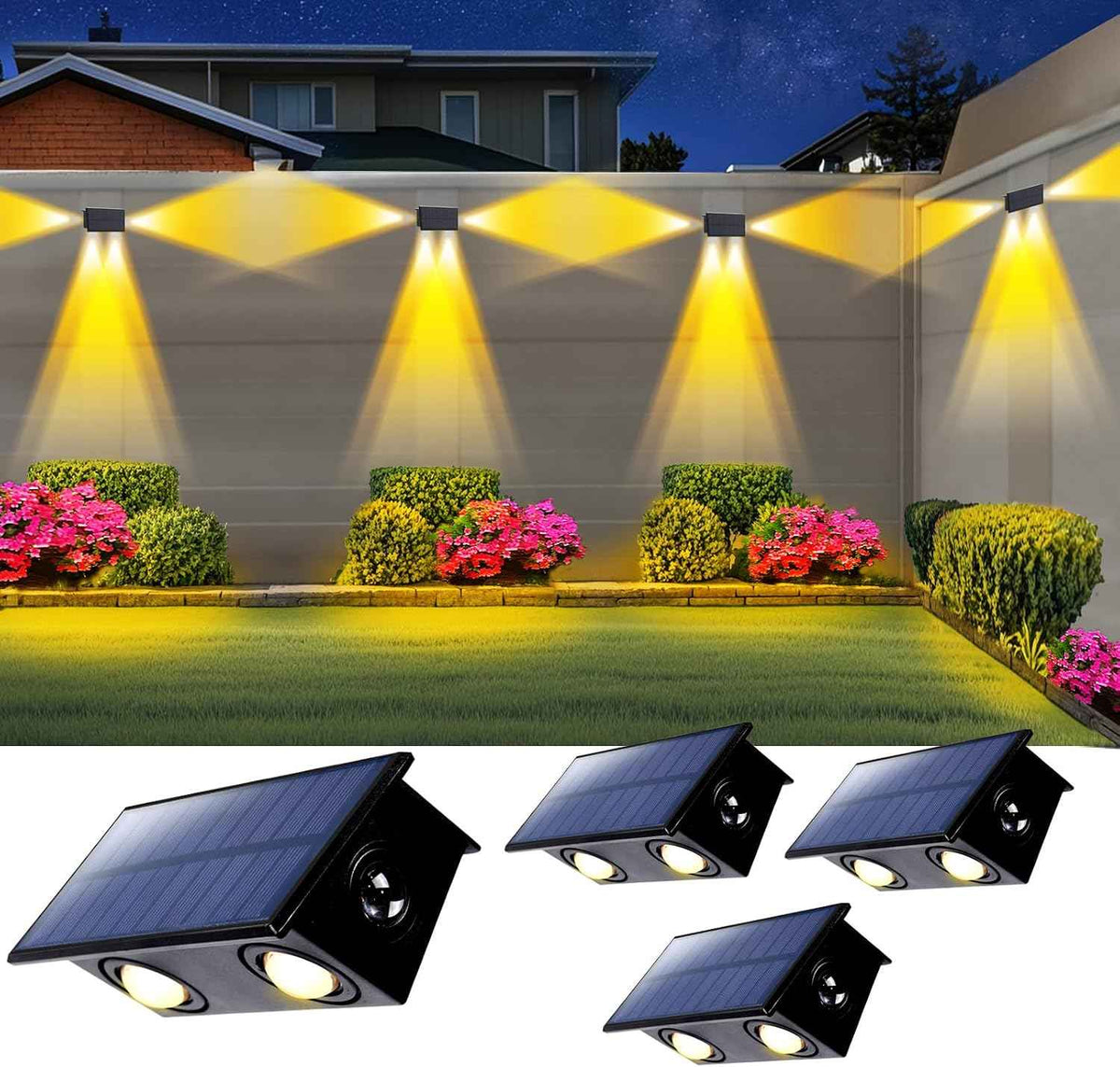 4Pack 3-Side Solar Fence Lights Outdoor Waterproof with Warm White LED Spot Lens, for Wall, Deck, Patio, Yard, Rail, Garage, Pool, Designed for Enhanced Security, Easy Install