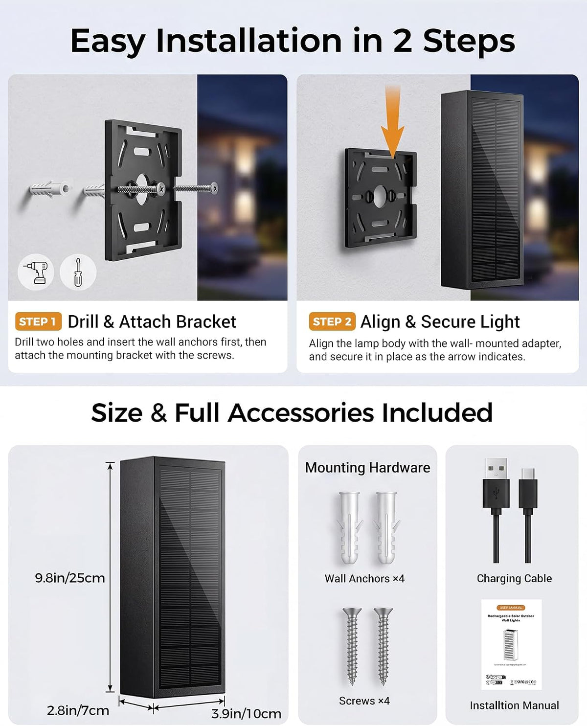 2Pack Solar Wall Lights Outdoor, Dusk to Dawn Up Down Wall Sconce, USB-C Rechargeable Backup, 3CCT Dimmable, IP65 Waterproof LED Exterior Lighting for Front Door Garage Patio Shed