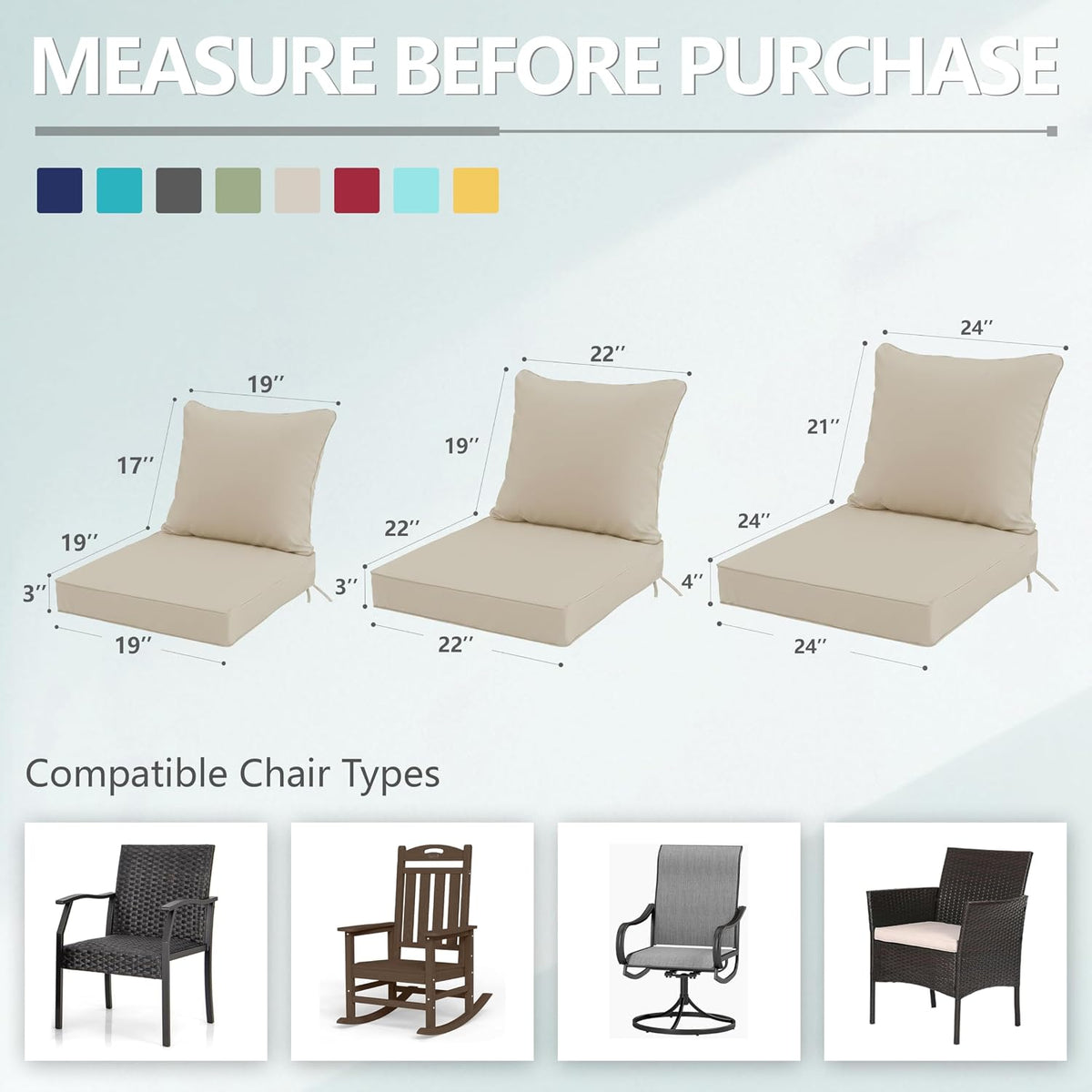 22x22 Inch Patio Chair Cushions Set of 2, Outdoor Furniture Cushions - Removable Cover, Water-Repellent, Fade-Resistant, Non-Slip Bottom & Straps, Replacement for Lawn, Porch & Deck Chair - Cream