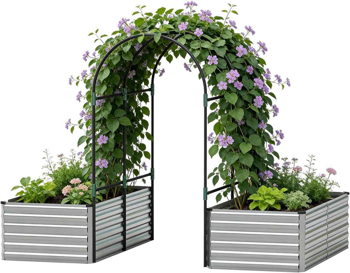Raised Garden Bed with Arch Trellis for Climbing Plants,Galvanized Raised Garden Bed, Planter Boxes Outdoor for Vegetables Flowers Herb,269 Gallon Capacity Silver
