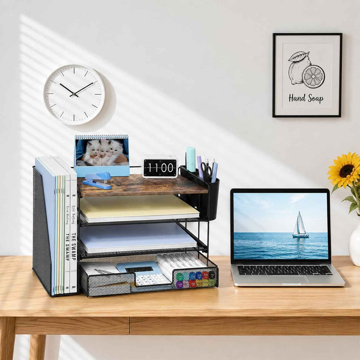 Desk Organizer, 4-Tier Desktop File Organizer with Drawer and Pen Holders, Office Desk Accessories, File Sorters, Workspace Organizers for Office Supplies(Wood)