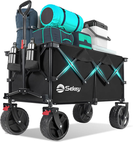 Collapsible Wagon Cart with Big All-Terrain Beach Wheels, Foldable Heavy Duty Wagons with Cup Holders, Utility Carts for Camping, Garden, Outdoor, Grocery, Sports. Black