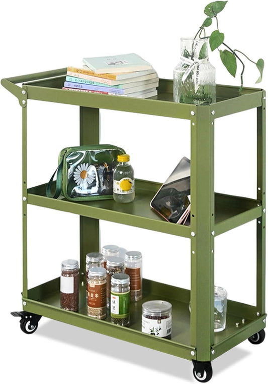 3 Tier Metal Utility Rolling Cart with Wheels, Green | Heavy Duty Storage Organizer, 330Lbs Capacity, Multi-Purpose, For Kitchen, Bathroom, Office, Bedroom - Field & Nook