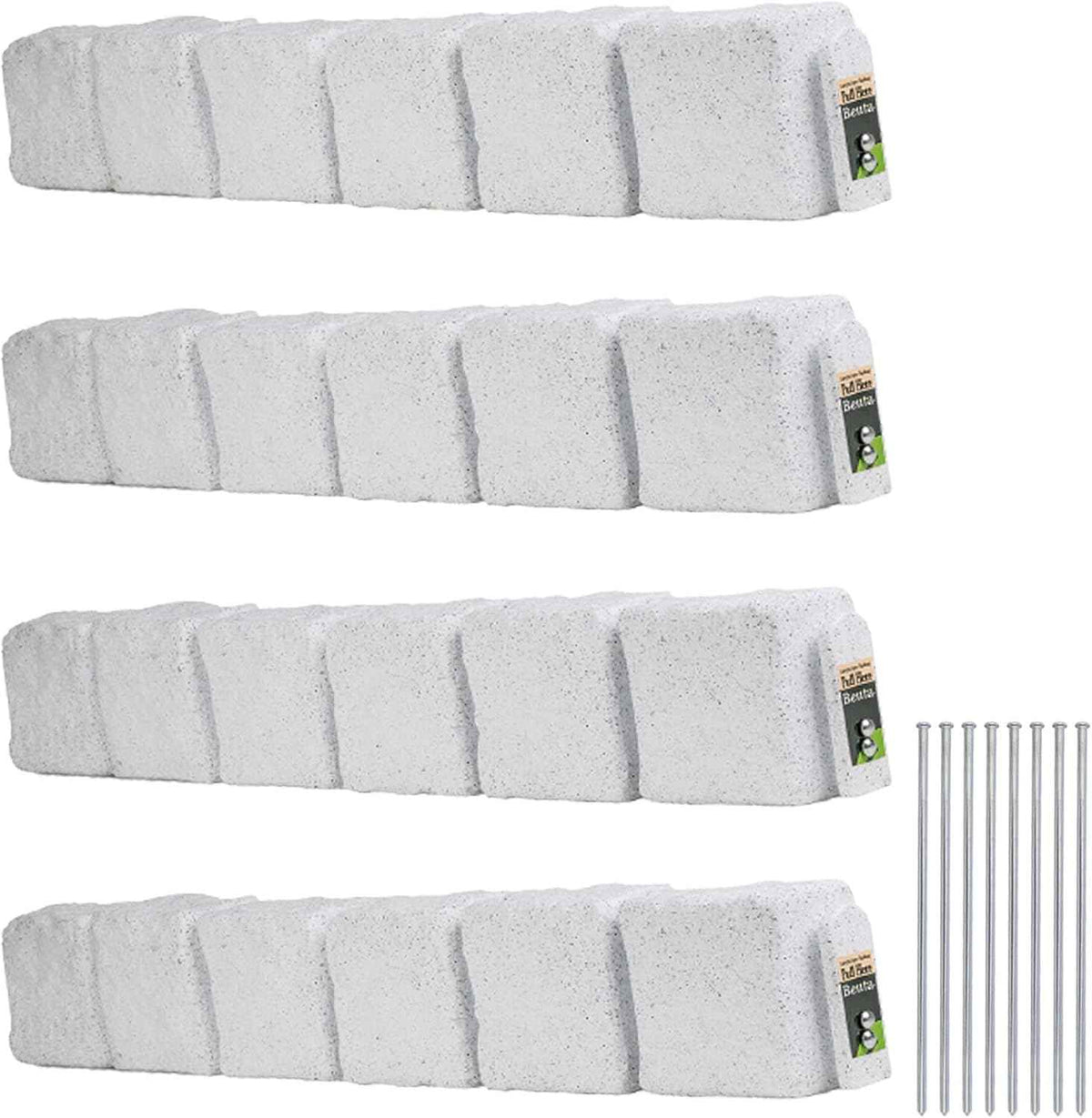 Beuta Landscape Edging | Garden Edging Border | Faux Stone Blocks for Lawn Edging, Flower Beds & Yard Edging – 4 Pack | Each Section Has 6 Blocks 48" L x 4" W x 6.5" H | 8 Spikes | Limewash
