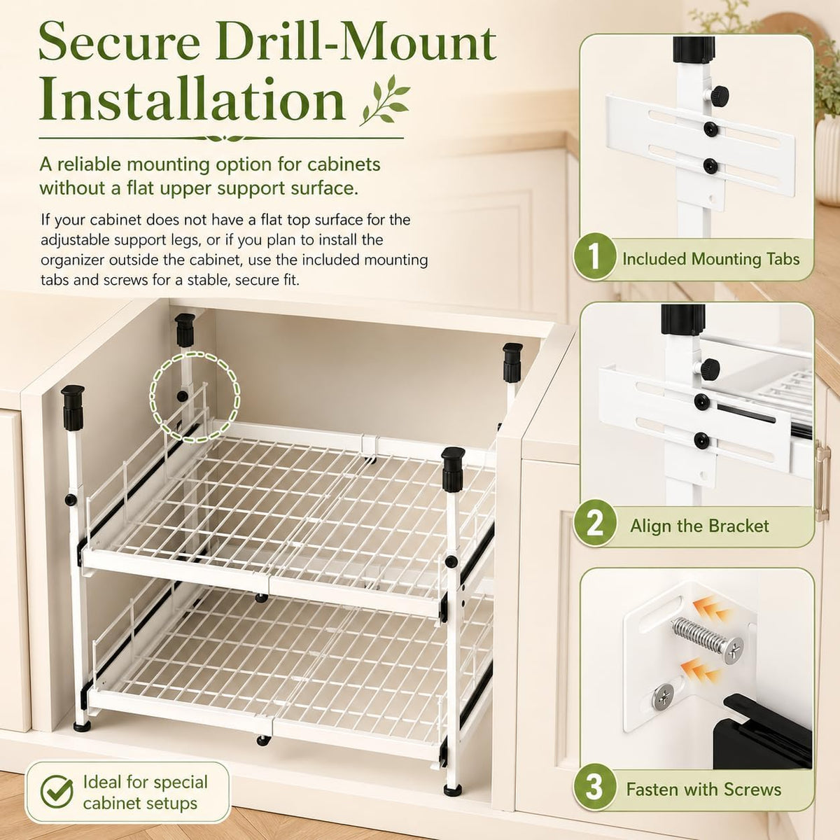 Expandable 2-Tier Pull-Out Cabinet Organizer, 13"-21" W, White