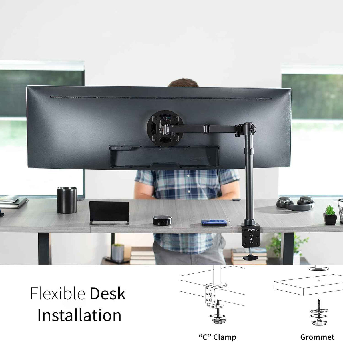 VIVO Single Large Monitor Arm Desk Mount, Holds Screens up to 45 inch Ultrawide, Fully Adjustable Stand with C-Clamp and Grommet Base, VESA 75x75mm or 100x100mm, Black, STAND-V149