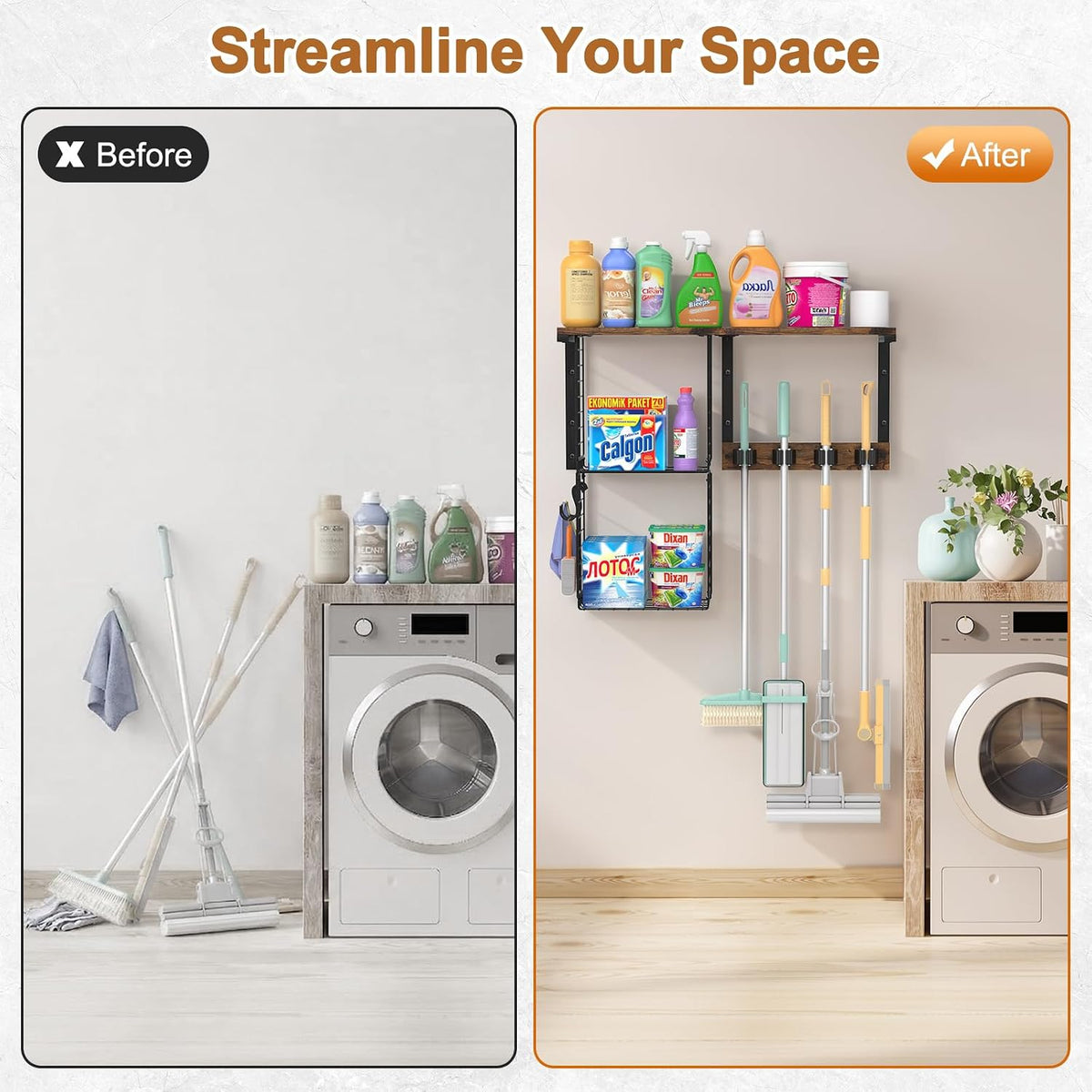 Wall Mount Broom Holder Laundry Room Storage Organizer Shelves - Field & Nook