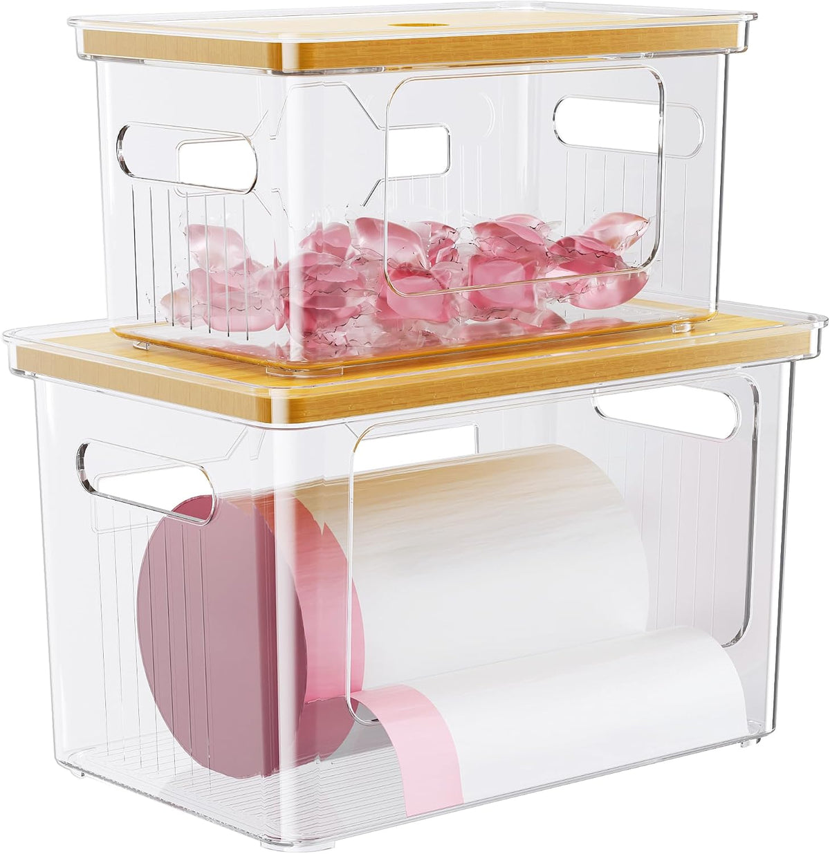 Delamu 2 Pack (XL+S) Trash Bag Dispenser, Stackable Garbage Bag Holder | Clear Acrylic Organizer Bins for Under Sink Organization, Pantry Storage, Cabinet, Kitchen, Laundry, Bathroom - Field & Nook