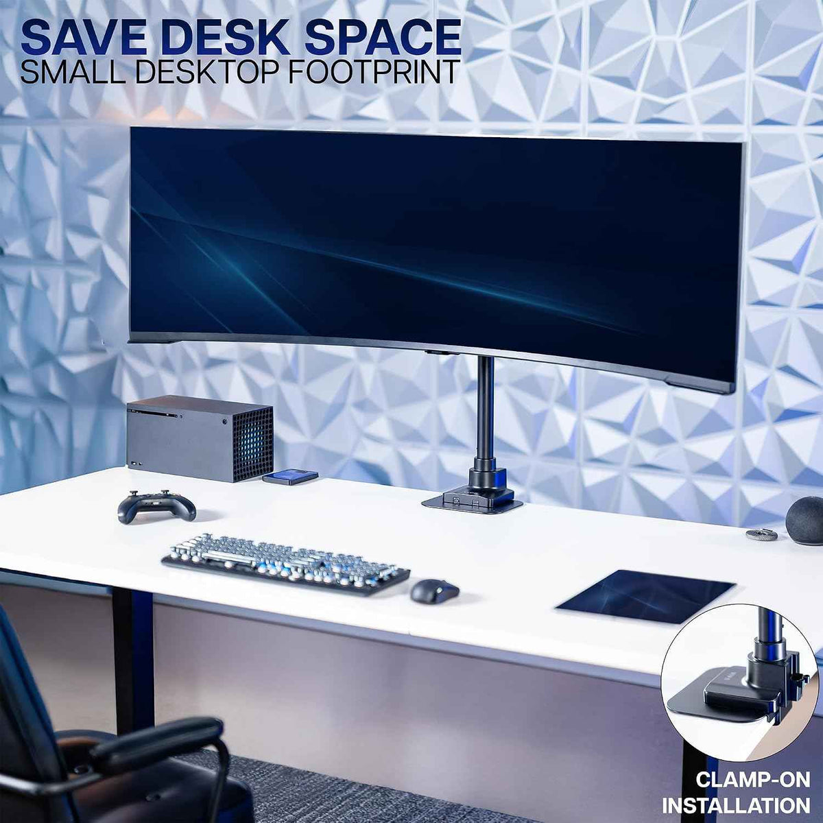 VIVO Clamp-on Single Ultra Wide Monitor Desk Mount, Low Profile Heavy Duty Adjustable Stand for 1 Ultrawide Screen up to 57 inches, 59.4 lbs Capacity, Black, STAND-V157C