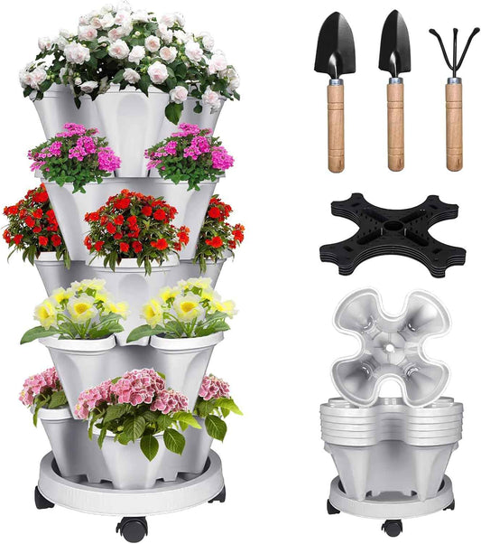 Vertical Strawberry Planter 5 Tier Stackable Tower Herb Planters-Stacking Garden Outdoor Planter Pot with Tools Mover for Succulents, Vegetables and Flowers