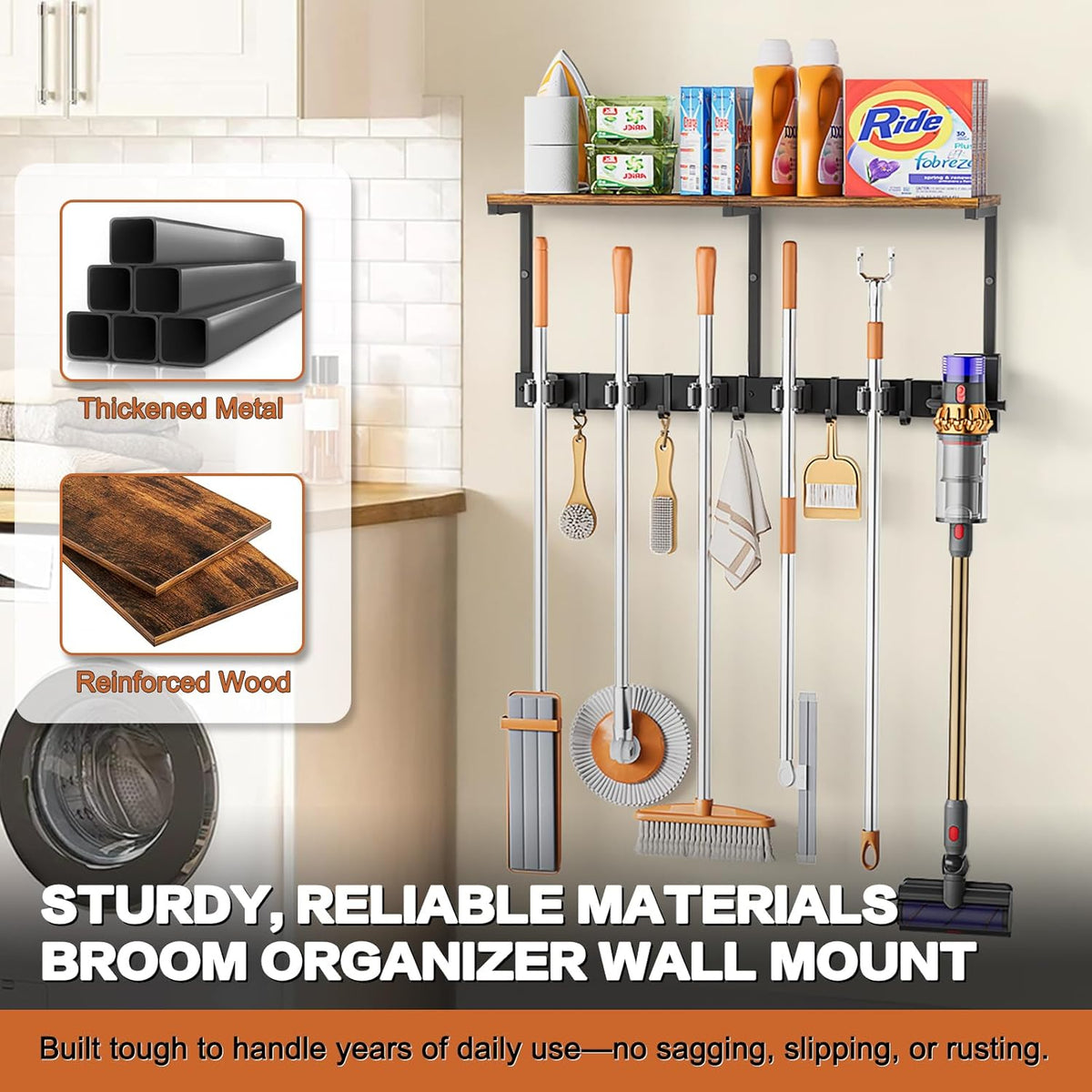 Broom Holder Wall Mount with Cleaning Supplies Organizer - Field & Nook