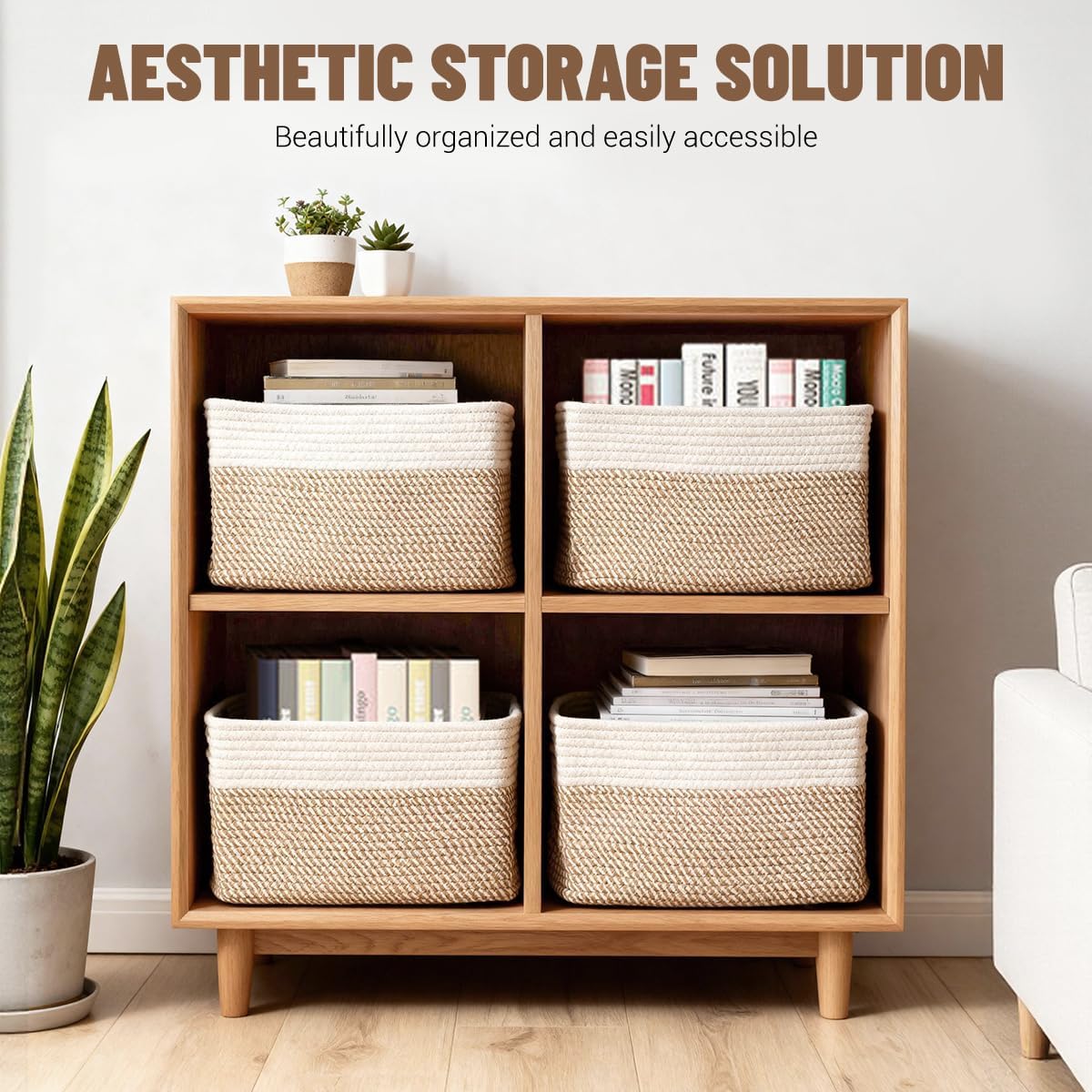 5 Pack Woven Storage Baskets, Decorative Storage Bins for Organizing | 13.8'' × 9.8'' × 7.9'', Cotton Rope Basket Organizer for Closet, Shelves, bathroom, Nursery, Toys, Books, Pantry, Khaki/White - Field & Nook