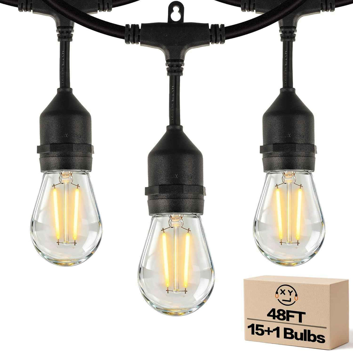 Outdoor String Lights, Super Bright LED - 48FT 15 S14 Bulbs (1 Spare), IP65 Waterproof, Commercial Grade & Shatterproof, Dimmable, UL Listed for Patio, Porch, Backyard, Gazebo