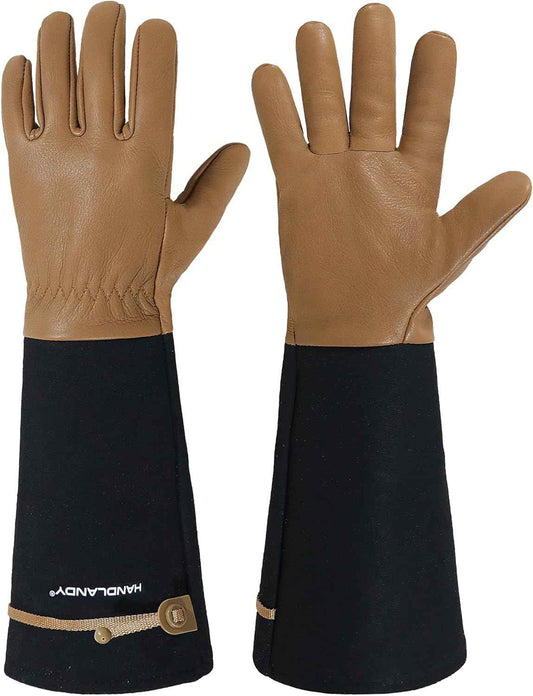 HANDLANDY Long Gardening Gloves for Men & Women, Cowhide Leather Rose Pruning Gloves, Breathable Thorn Proof Gauntlet Glove (Brown-Cowhide, M)
