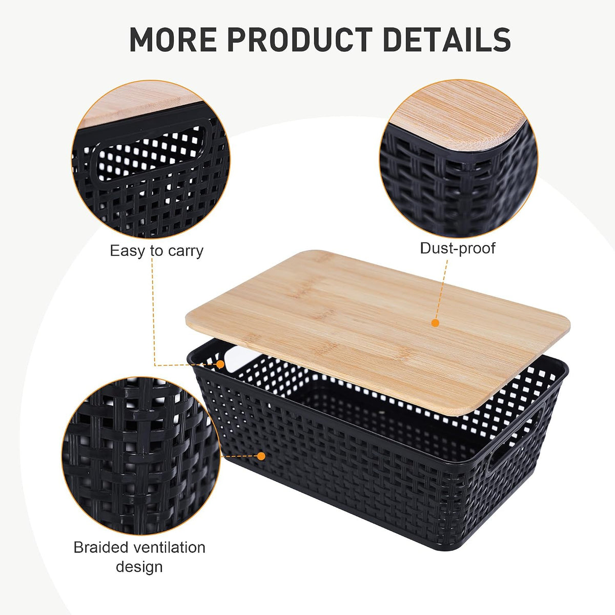 Storage Bins with Lids 6 Packs, Plastic Storage Bins with Bamboo Lids for Pantry Organization and Storage Containers for Shelves Drawers Desktop Closet Office Home, Black - Field & Nook
