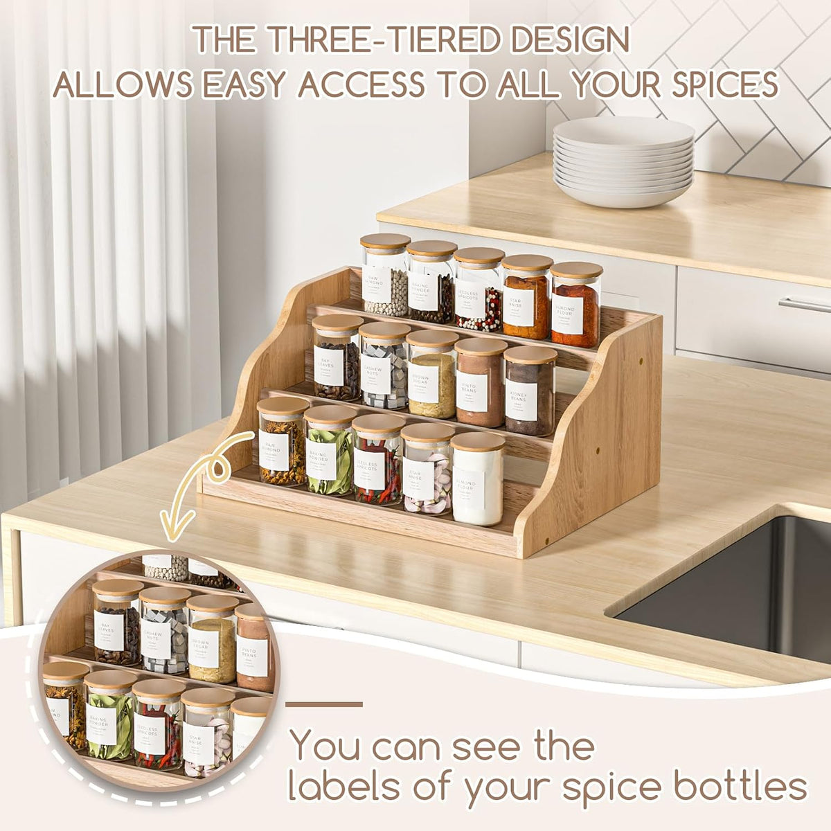 Tiered Spice Rack Organizer for Cabinet, Wooden Spice Rack for Countertop, Spice Shelf organizer Spice Organization for Cabinet - Field & Nook