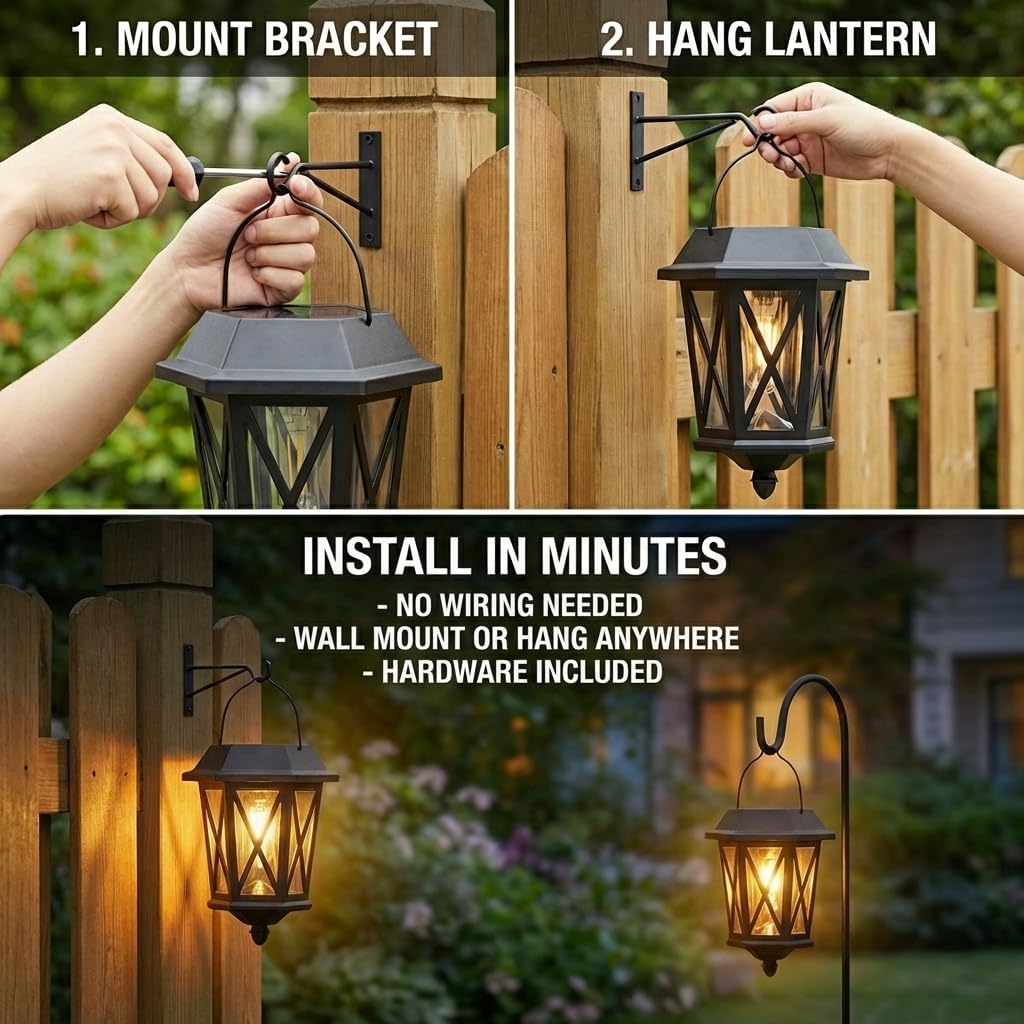 Solar Hanging Wall Lanterns – 2 Pack, LED, Glass Shade, Black