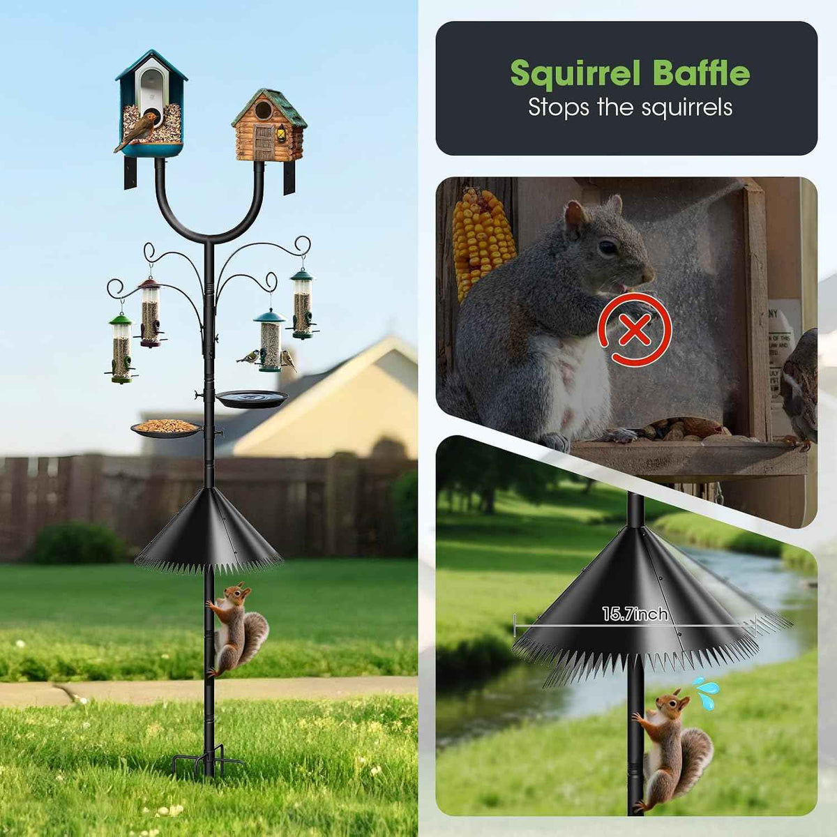 Bird Feeder Pole Squirrel Proof,Adjustable 47"-108" Heavy Duty Bird House Pole,Upgraded U-Shape Platform,4 Shepherd Hooks for Feeder Stand,Includes Birdbath,Tray for Outdoor Garden & Yard