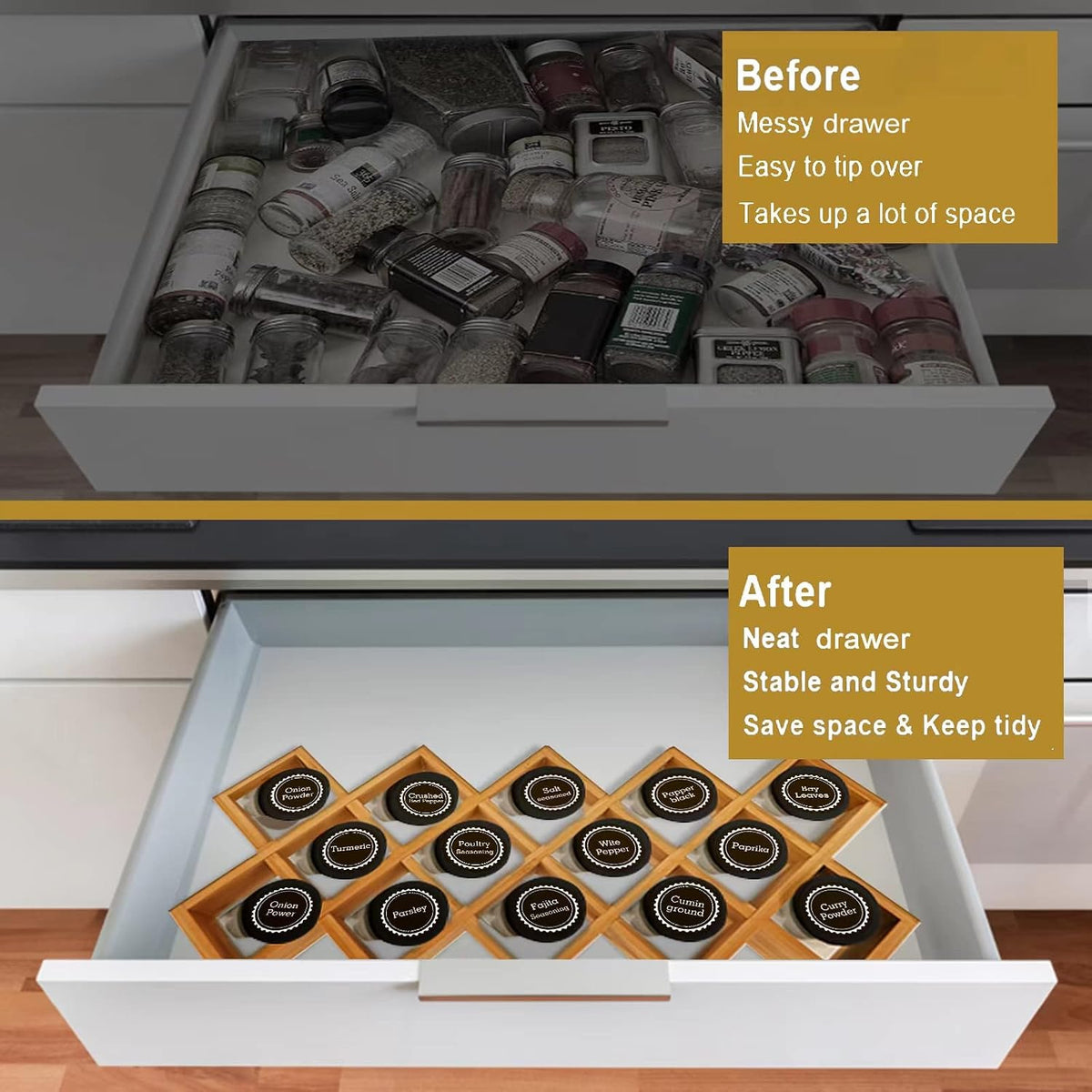 Bamboo Criss Cross Spice Rack Organizer for Cabinet, Wood Seasoning Rack Spice Holder, 18-Jar Spice Rack Tower Spice Storage for Kitchen Countertop Drawer-Jars Not Included - Field & Nook