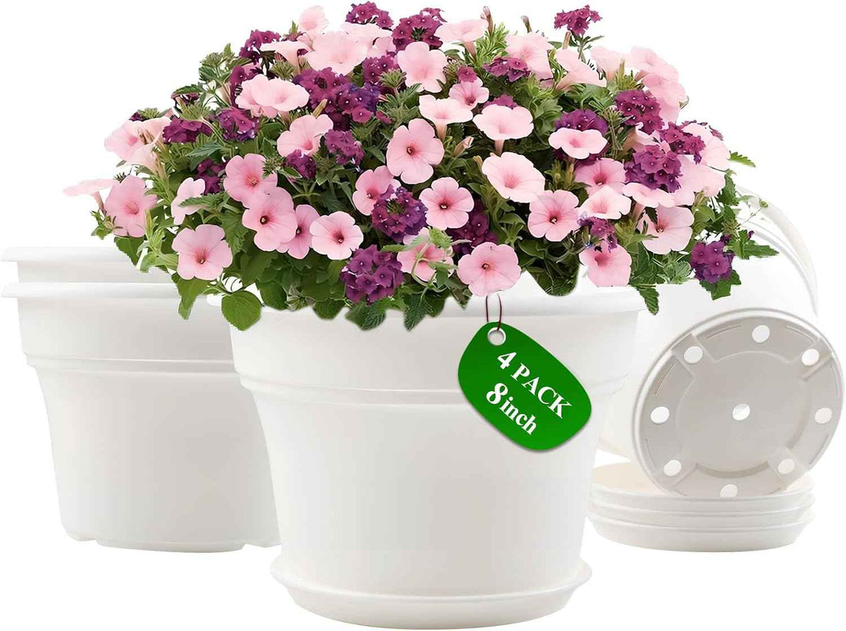 8 Inch Plastic-Flower Pot-for-Indoor Plants, 4 Pack Large Outdoor Planter Pot with Drainage Holes & Saucers, Resin Decorative Garden Pots Planters
