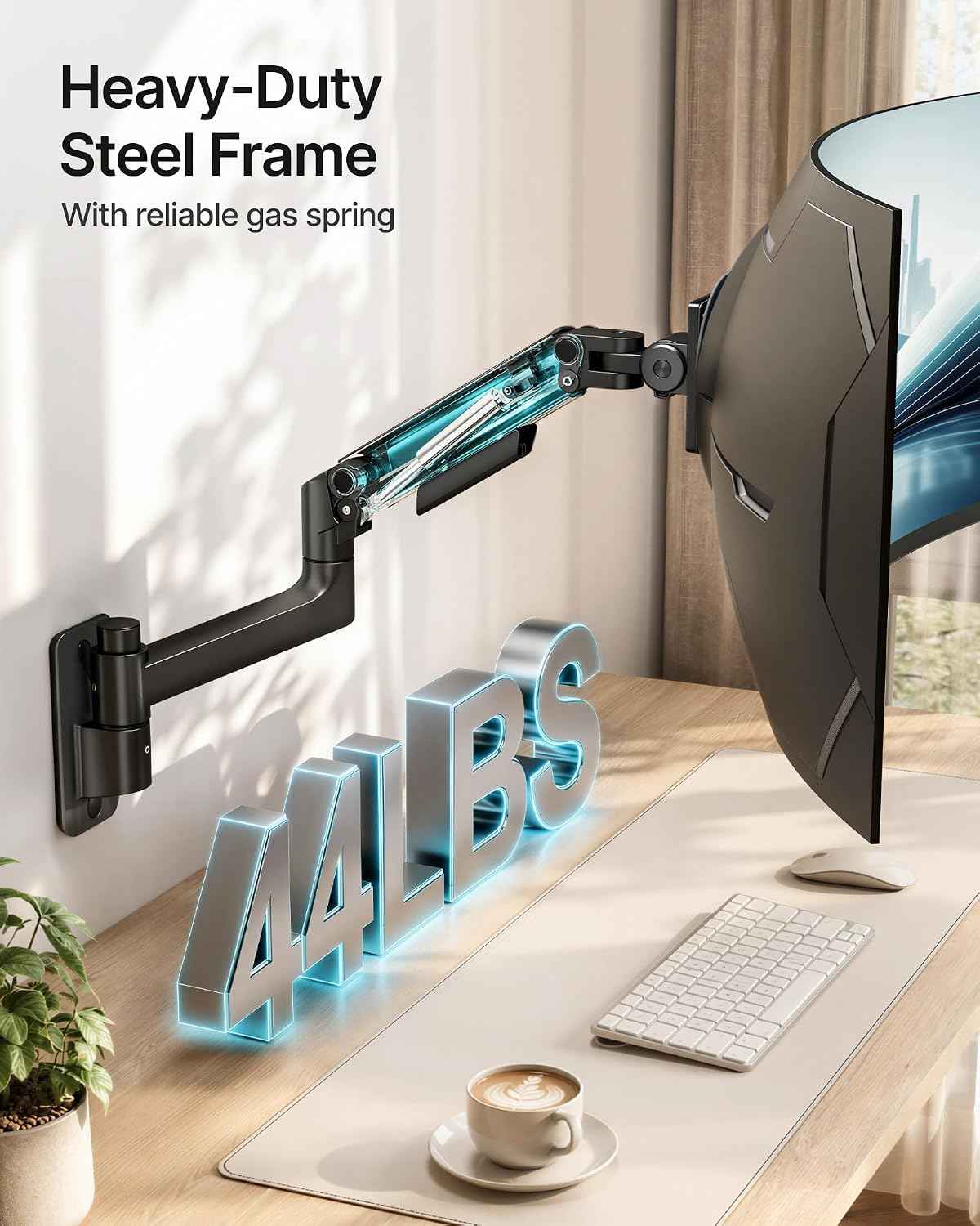Single Wall Mount Monitor Arm for 17-49" Ultrawide Screens | Heavy Duty Wall Mount Stand Holds up to 44 LBS